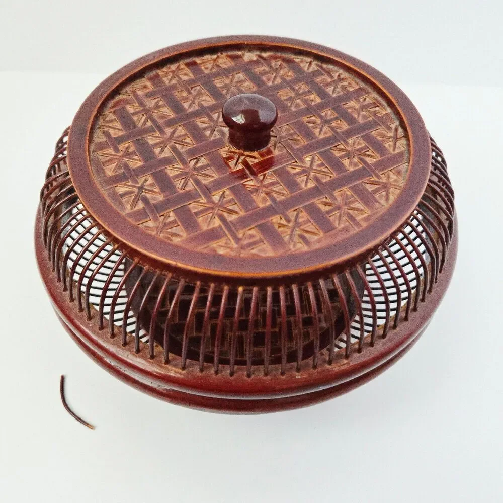 Vintage Japanese Handwoven Bamboo Lacquered Wagashi Basket w/ Lid Cricket Cage